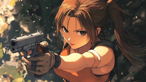 Determined anime heroine holding her aim in the forest.