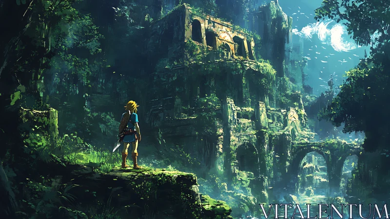 Young adventurer greeting sunlit ruins in a secret valley.