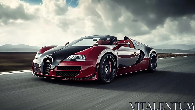Sunlit supercar sprint under brooding open-road skies.