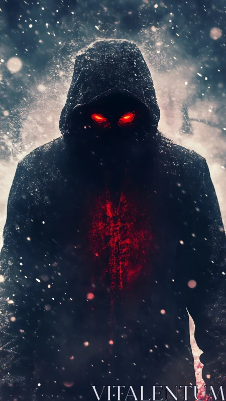 Hooded shadow figure with glowing red eyes in snowstorm.