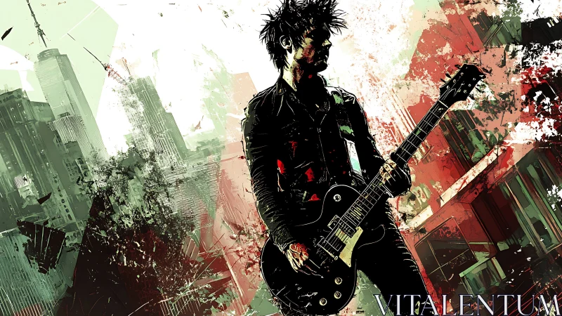 Urban punk guitarist silhouette in abstract grunge cityscape