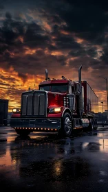 Chrome titan truck idles under storm-lit industrial sunset.