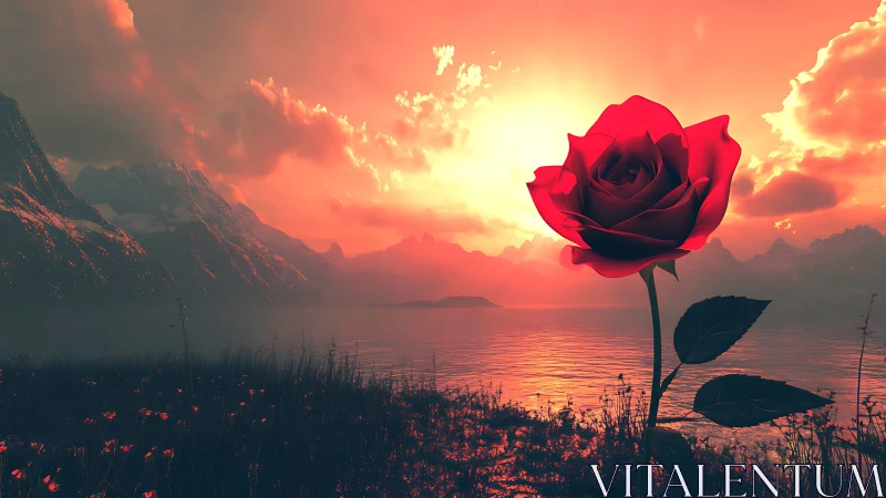 Large red rose over mountain lake at orange sunset.