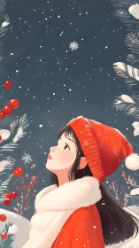 Winter wonder gaze as a girl watches the first snowflake fall