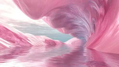 Pink abstract canyon with reflective water surface.