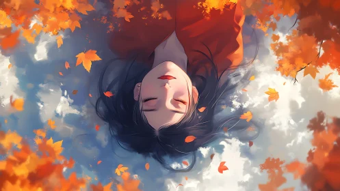 Digital painting of serene girl amid drifting autumn foliage.