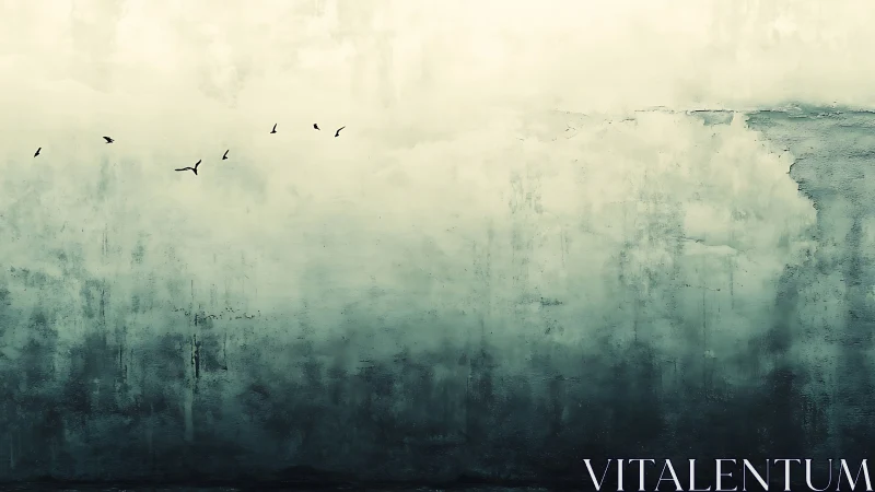 Desaturated coastal sky gradient with silhouetted birds in lateral flight