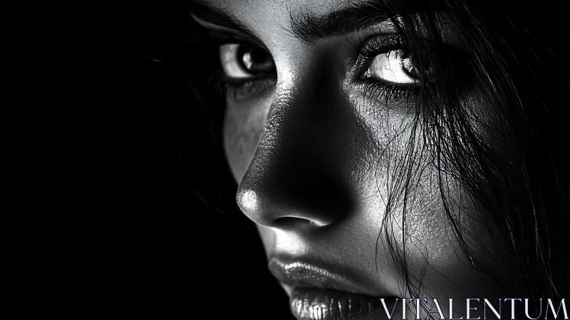 Dramatic close-up portrait of a woman in high-contrast black and white.
