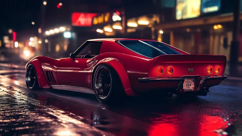 Photorealistic red muscle car on neon-soaked night street scene.