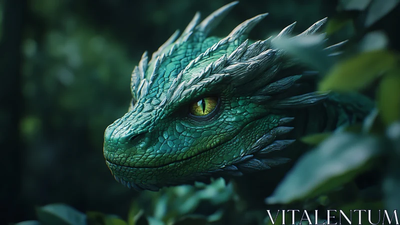 Emerald forest dragon portrait with cinematic depth of field.