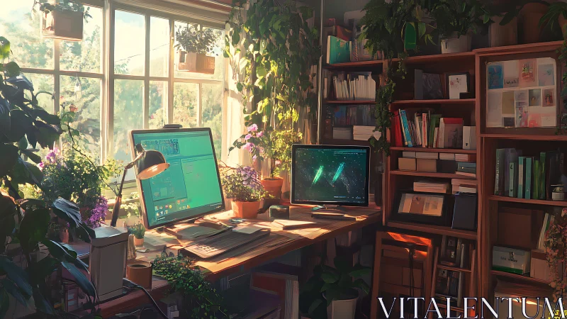 Cozy home office merges lush indoor garden and dual screens.