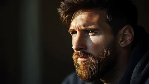 Side-lit bearded male portrait emphasizes contemplative profile