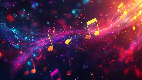 Vibrant neon music notes over swirling cosmic soundscape.