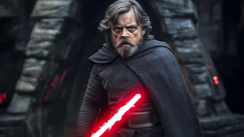 Bearded cloaked warrior holds energized red plasma sword in ruins