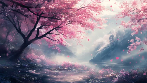 Dreamy cherry blossom riverside glowing with soft spring light.