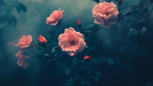 Soft-lit Coral Roses Against Moody Teal Backdrop.