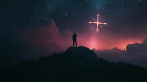 Silhouetted figure beneath radiant cross in cinematic night sky.