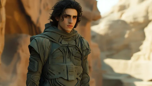 Desert wanderer stands poised in rugged sci fi armor