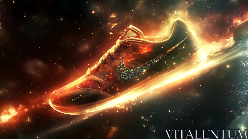 Celestial running shoe in luminous nebula trail environment