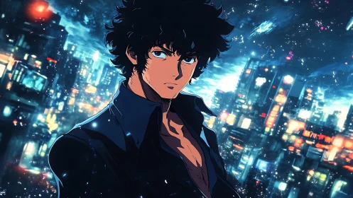 Brooding anime hero stands against neon soaked night city