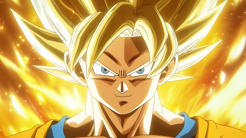 Supercharged warrior portrait with blazing golden aura glow.