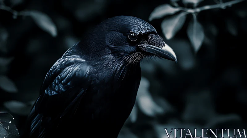 A striking black crow gazes with wisdom and quiet intensity