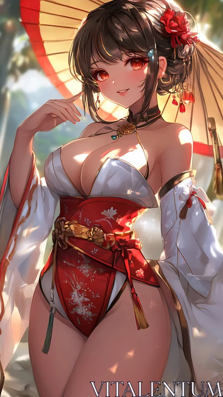 Anime portrait in ornate red kimono-inspired swimsuit design.