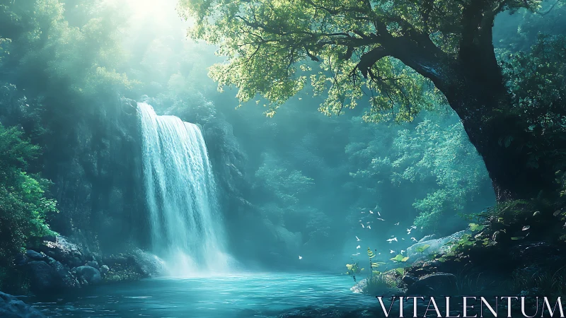 Peaceful hidden waterfall glowing in soft morning light.