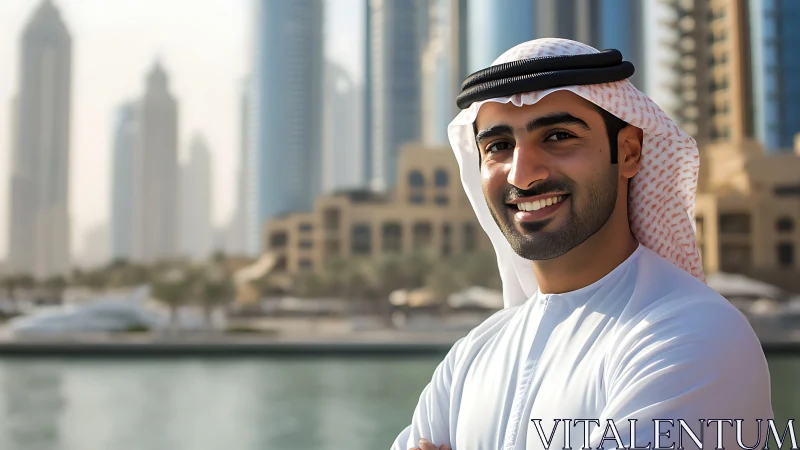 Confident Emirati professional smiles against marina skyline.