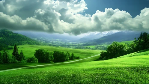 Rolling emerald meadows breathe beneath drifting cloud rivers