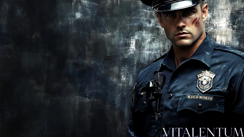 Battle-worn police officer stands against gritty metal wall.