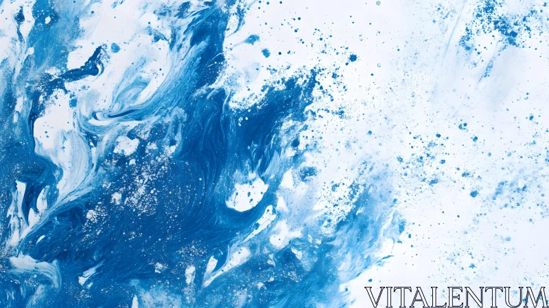 Abstract blue and white paint splatter with fluid dynamic style.