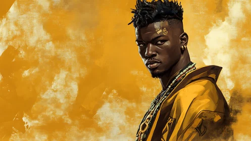 Portrait of young man in yellow coat against painted backdrop