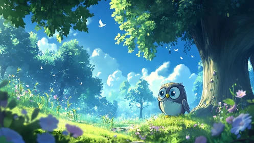 Wide eyed owl in bright meadow under large summer tree.