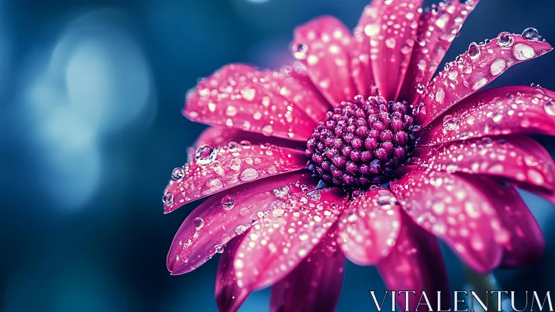 Vivid bloom glistening with morning dew drops.