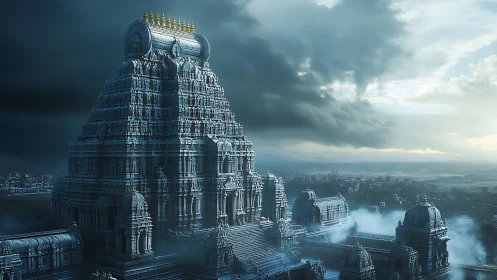 Stormlit stone temple citadel dominates brooding skyline.