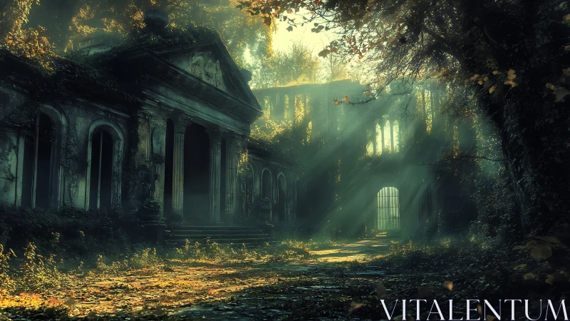 Sunbeams choreograph secrets across a forsaken ivy palace