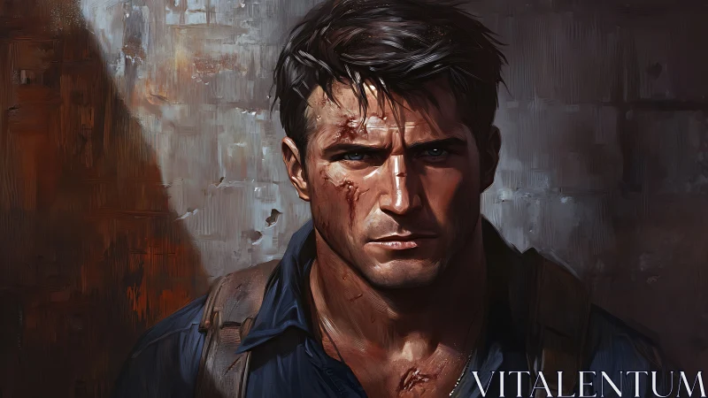 Wounded adventurer stares ahead in a gritty, dim corridor