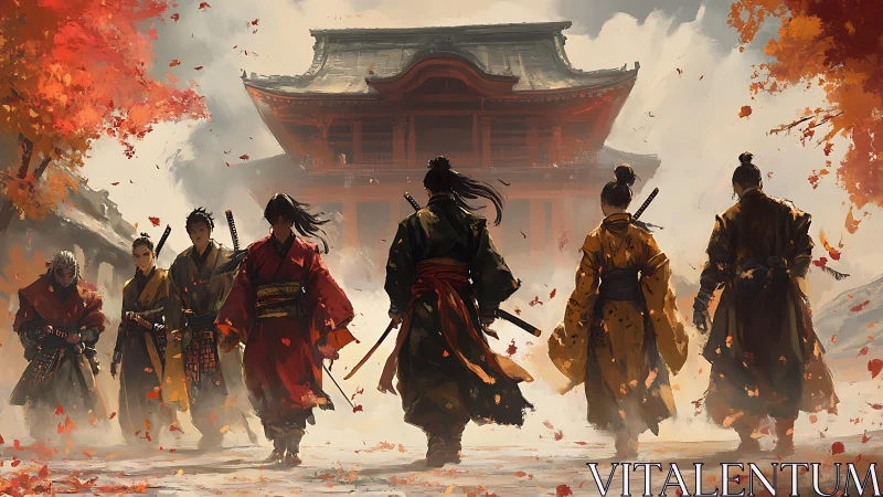 Samurai stride through autumn embers toward the silent temple