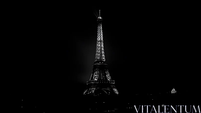 Eiffel Tower glows in dramatic black and white night sky.
