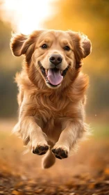Joyful golden retriever bounds through soft autumn light
