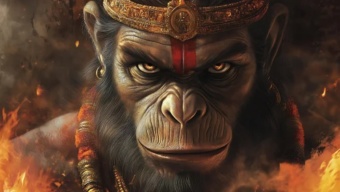 Fire‑crowned simian warrior gazes through mythic embers.