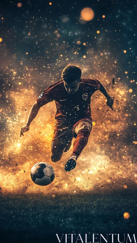 Dynamic soccer striker in explosive golden motion field.