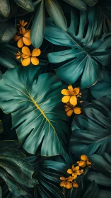 Overlapping tropical foliage and clustered yellow flowers form layers