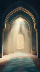 Luminous arches within ornate mosque interior corridor.