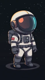Cartoon astronaut stands alone in a calm, starlit space