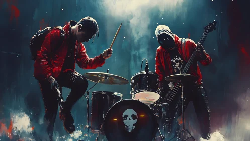 Cyberpunk street band pounds drums in neon-tinted storm