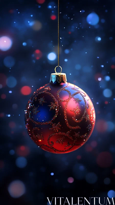 Photorealistic red ornament with glitter scrollwork bokeh field.