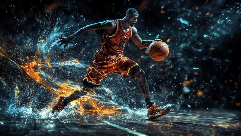 Digital illustration of basketball player in motion on court.