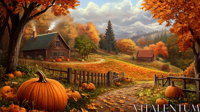 Cozy autumn pumpkin farm path toward a misty cabin retreat.